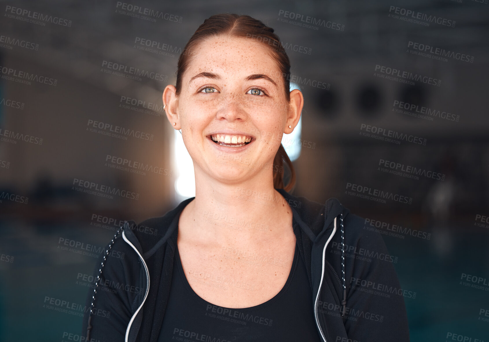 Buy stock photo Woman, smile in portrait with fitness and athlete, motivation and success with positive mindset for sports training. Happy person, exercise and mockup space with face and health, wellness and active