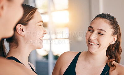 Buy stock photo Happy, conversation and girl with team for sports, training and exercise in morning for water polo. Fitness, teamwork and group of female athletes talking, laughing and smile together at practice