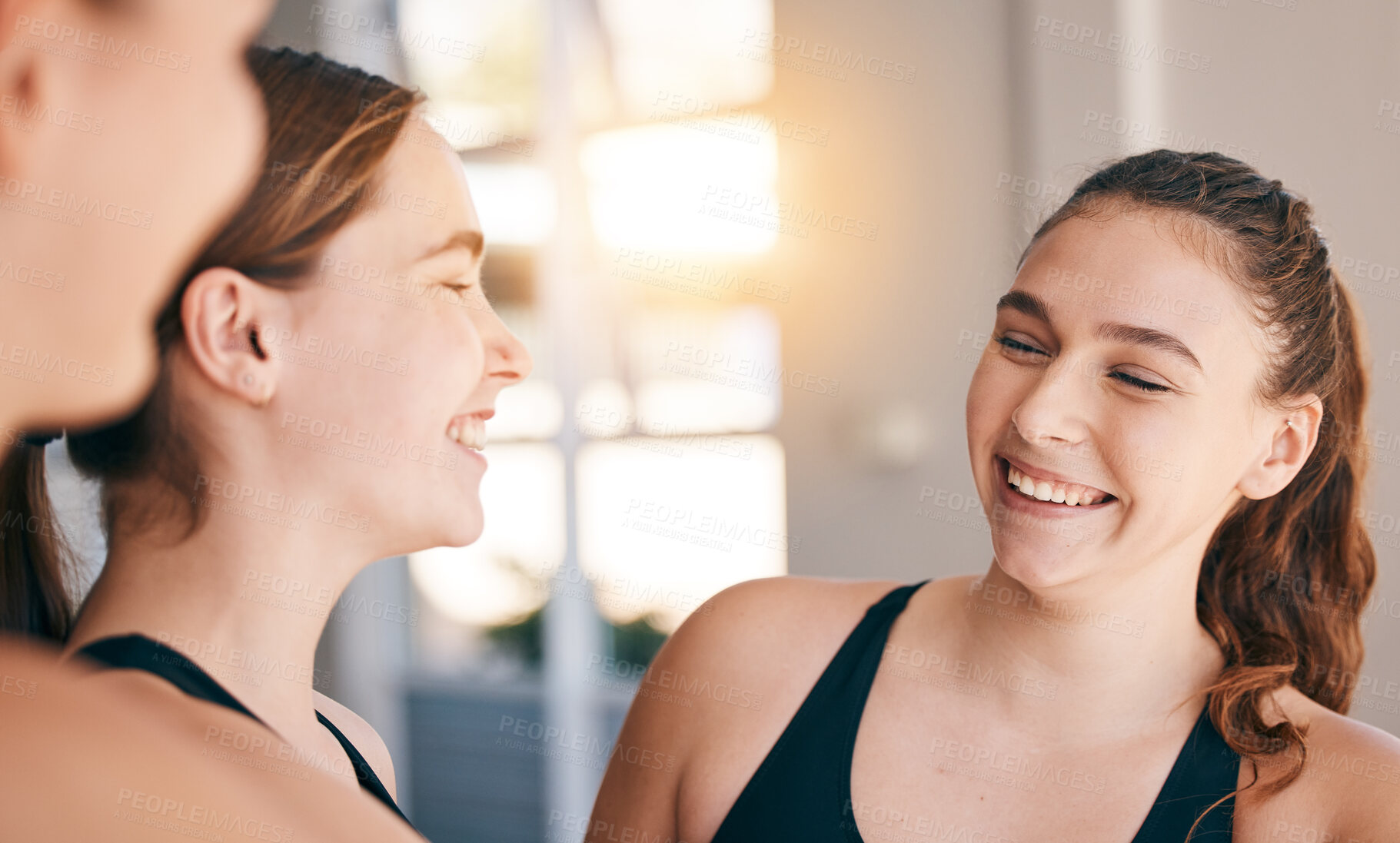 Buy stock photo Happy, conversation and girl with team for sports, training and exercise in morning for water polo. Fitness, teamwork and group of female athletes talking, laughing and smile together at practice