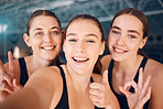 Woman, friends and smile for selfie with thumbs up, OK and peace sign of swimming team at the gym. Happy women smiling showing hand gesture for photo, profile picture or memory together indoors