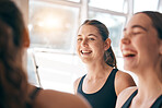 Happy, smile and girl with team for sports, training and exercise in morning for water polo. Fitness, teamwork and group of female athletes talking, laughing and in conversation together at practice