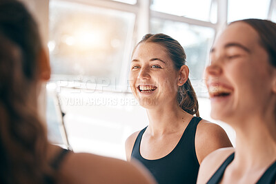 Buy stock photo Happy, smile and girl with team for sports, training and exercise in morning for water polo. Fitness, teamwork and group of female athletes talking, laughing and in conversation together at practice