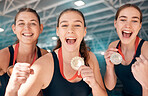 Sports women, gold medal and winner portrait to celebrate champion competition or game award or prize. Excited athlete team or excited friends happy about achievement, success or winning performance