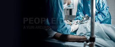 Buy stock photo Surgery, teamwork and doctors in a hospital for an emergency life saving operation on a critical patient. Doctor, nurse and medical with a medicine surgeon group working in a clinic operating room