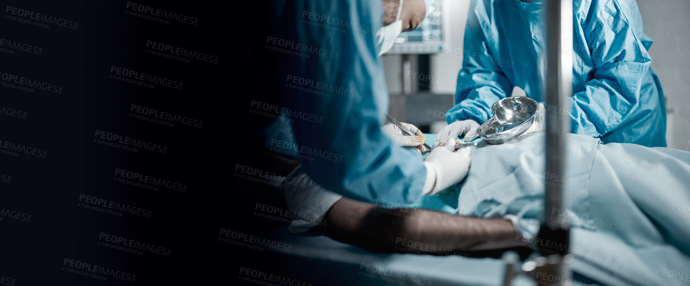 Buy stock photo Surgery, teamwork and doctors in a hospital for an emergency life saving operation on a critical patient. Doctor, nurse and medical with a medicine surgeon group working in a clinic operating room