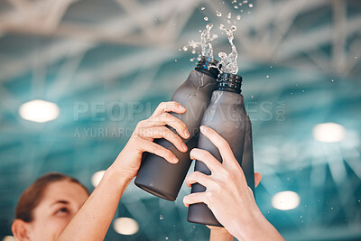 Buy stock photo Cheers, hands and bottle water in sport celebrating victory or achievement after training, fitness or workout. Exercise, group and team winning in unity, support and teamwork with hydration