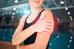 Fitness, woman and shoulder pain after training, workout and inflammation with torn muscle, sports accident or painful. Exercise, female athlete or lady with arm injury, practice or medical emergency