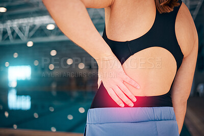 Buy stock photo Spine pain, swimmer and woman by a pool with injury from exercise, workout and swim race. Back inflammation, muscle and backache of a young athlete with a swimming sports accident of training