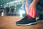 Joint pain, injury and woman athlete foot zoom with red overlay, sports accident and fitness in running shoes. Inflammation, medical emergency and stress on muscle, exercise mistake and injured ankle