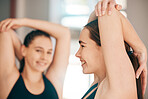 Fitness, stretching and women in studio for exercise, training or warm up on blurred background. Friends, stretch and pilates workout in gym for cardio, flexible or healthy lifestyle, happy and relax