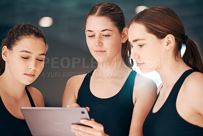 Buy stock photo Girls looking at tablet for fitness data, group of people using iot tech and indoor swimming pool. Instructor showing athletes digital workout, young swimmers use internet and performance analytics