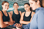 Sports coach, girls looking at tablet for training data and happy group at indoor swimming pool. Instructor showing athletes workout, young swimmers learning from teacher and performance analytics