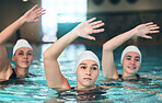 Sports, swimming and athletes stretching in a pool before a competition, exercise or sport training. Fitness, water and women swimmers doing a warm up before a swim race or workout in swimwear.