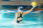 Water polo, shooting and athlete in swimming pool training, exercise and fitness game in speed or motion sports. Fast woman, person hand holding ball and competition with challenge, energy or action