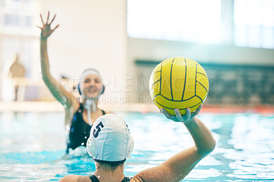 Woman with ball, sports and water polo in swimming pool athlete active and fitness with action and energy. Competitive, team sport and challenge, training and workout, health motivation and cardio