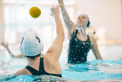 Water polo, sports and team in swimming pool for fitness, exercise and training workout in practice. Professional sport, teamwork and girl athletes with focus for winning game, competition and match