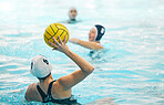 Sports, swimming pool and girl with ball for water polo for training, exercise and fitness with team. Professional sport, teamwork and female athlete focus for winning game, competition and match