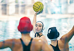 Water polo, swimming pool with women and ball, sports and athlete, active and fitness with action and energy. Competitive, team sport and challenge, training and workout, health motivation and cardio