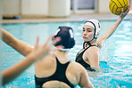 Water polo, swimming pool and sports with women athlete, active and fitness with action, energy and ball. Competitive, team sport and challenge, training and workout, health motivation and cardio