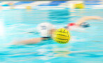 Water polo, speed and athlete in swimming pool training, exercise and fitness game in motion blurred background. Fast professional swimmer person with ball in competition, challenge stroke or action