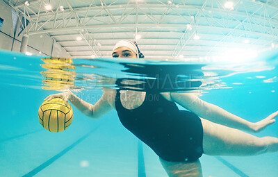 Buy stock photo Water polo, sports and woman in swimming pool for game, competition and match practice. Professional sport, fitness and girl athlete below aqua surface with ball for training, exercise and workout