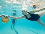 Water polo, catching and women underwater for a ball during a competition, game or swimming. Teamwork, action and blurred athlete team playing a professional match in a pool for a championship