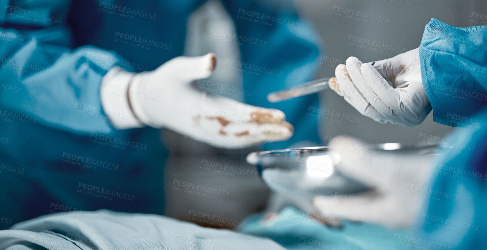 Buy stock photo Surgery, hospital and hands of doctors with tweezers in operating room for emergency operation on patient. Health clinic, teamwork and medical surgeons working with surgical tools to save a life.