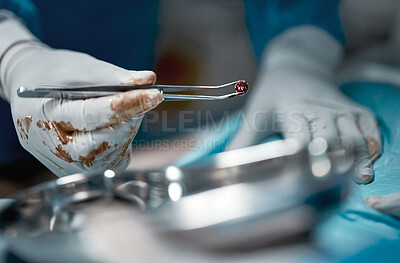 Buy stock photo Surgery, blood and motion blur with the hands of a doctor in a hospital for a medical or life saving operation. Healthcare, emergency or medicine with a surgeon at work in an operating room