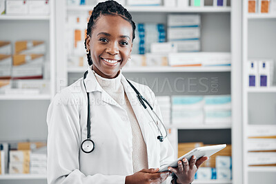 Buy stock photo Black woman, pharmacist portrait and tablet for pills stock and health data for wellness. Happy, pharmacy worker and smile of a pharmaceutical consultant with technology ready for online storage job