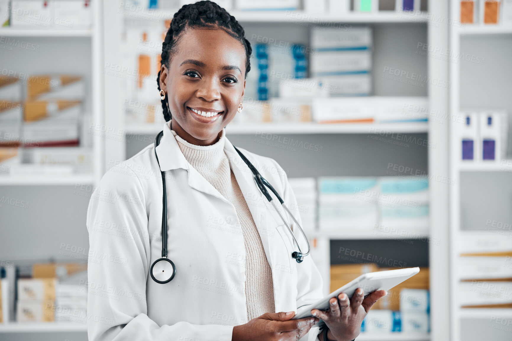 Buy stock photo Black woman, pharmacist portrait and tablet for pills stock and health data for wellness. Happy, pharmacy worker and smile of a pharmaceutical consultant with technology ready for online storage job