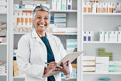 Buy stock photo Elderly woman, pharmacist portrait smile and store data of pills stock, insurance or medical documents. Healthcare, doctor and senior female wellness consultant with happiness about pharmacy