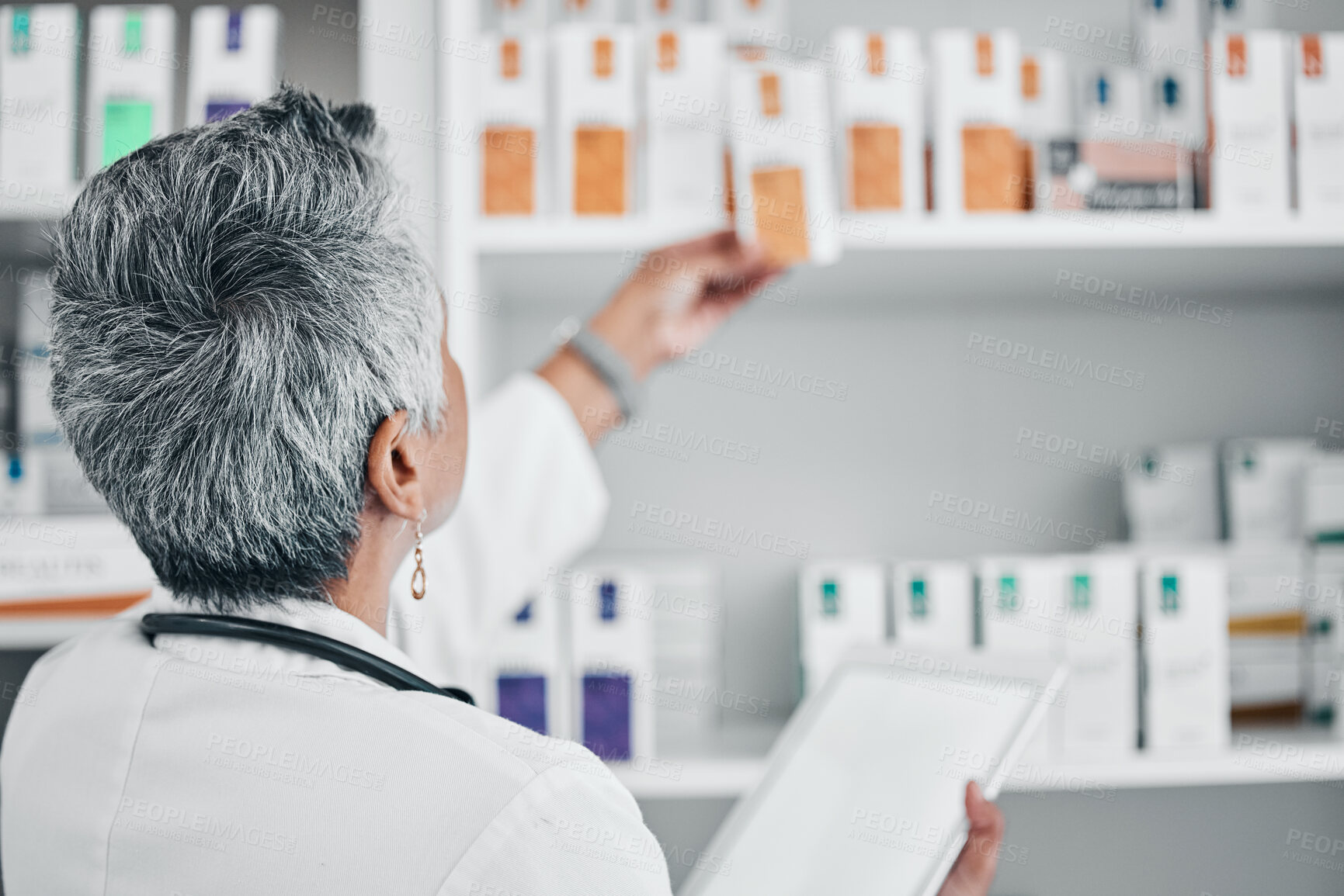 Buy stock photo Tablet, pharmacy and medicine with senior woman and mockup in store for healthcare, wellness or retail. Product, digital and medical with pharmacist and shelf for shopping, prescription or inventory