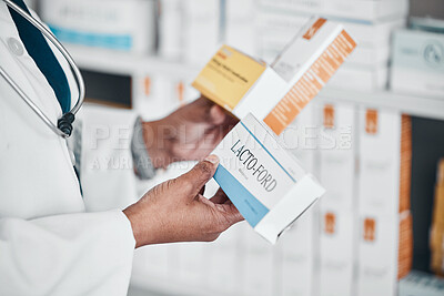 Buy stock photo Healthcare, pharmacy and hands of pharmacist with pills, medicine and medication for medical prescription. Wellness, pharmaceutical service and woman reading label for drugs, vitamins and treatment