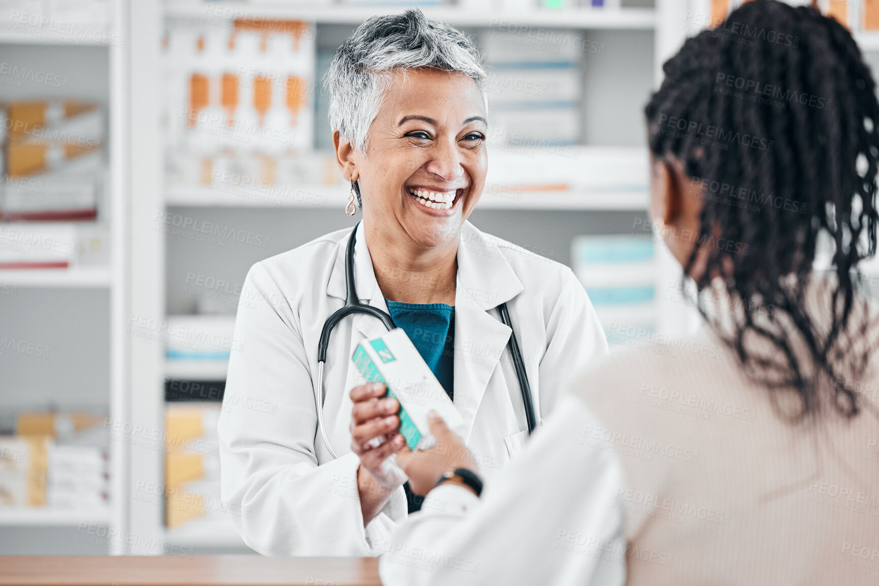 Buy stock photo Pharmacy, medicine and woman doctor with customer service, product advice or retail expert opinion. Pharmaceutical, pills and senior pharmacist or seller for medical healthcare help, support and shop