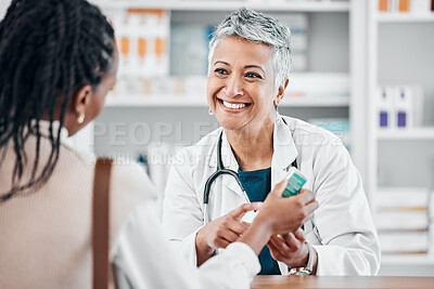 Buy stock photo Pharmacist, medicine and doctor with people in customer service, product advice or retail expert opinion. Pharmaceutical, pharmacy and senior medical professional in healthcare help, support and shop