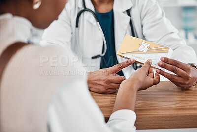 Buy stock photo Sinus, pharmacy medicine and doctor with customer service, product advice or retail expert opinion. Pharmaceutical, allergy box and pharmacist, people or seller hands in medical and healthcare help