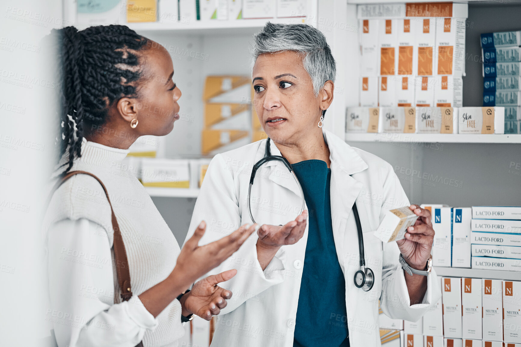 Buy stock photo Pharmacy help, medicine doctor and woman with customer service, product advice or expert opinion in shop. Pharmaceutical, drugs and senior pharmacist, seller or medical worker with healthcare choice