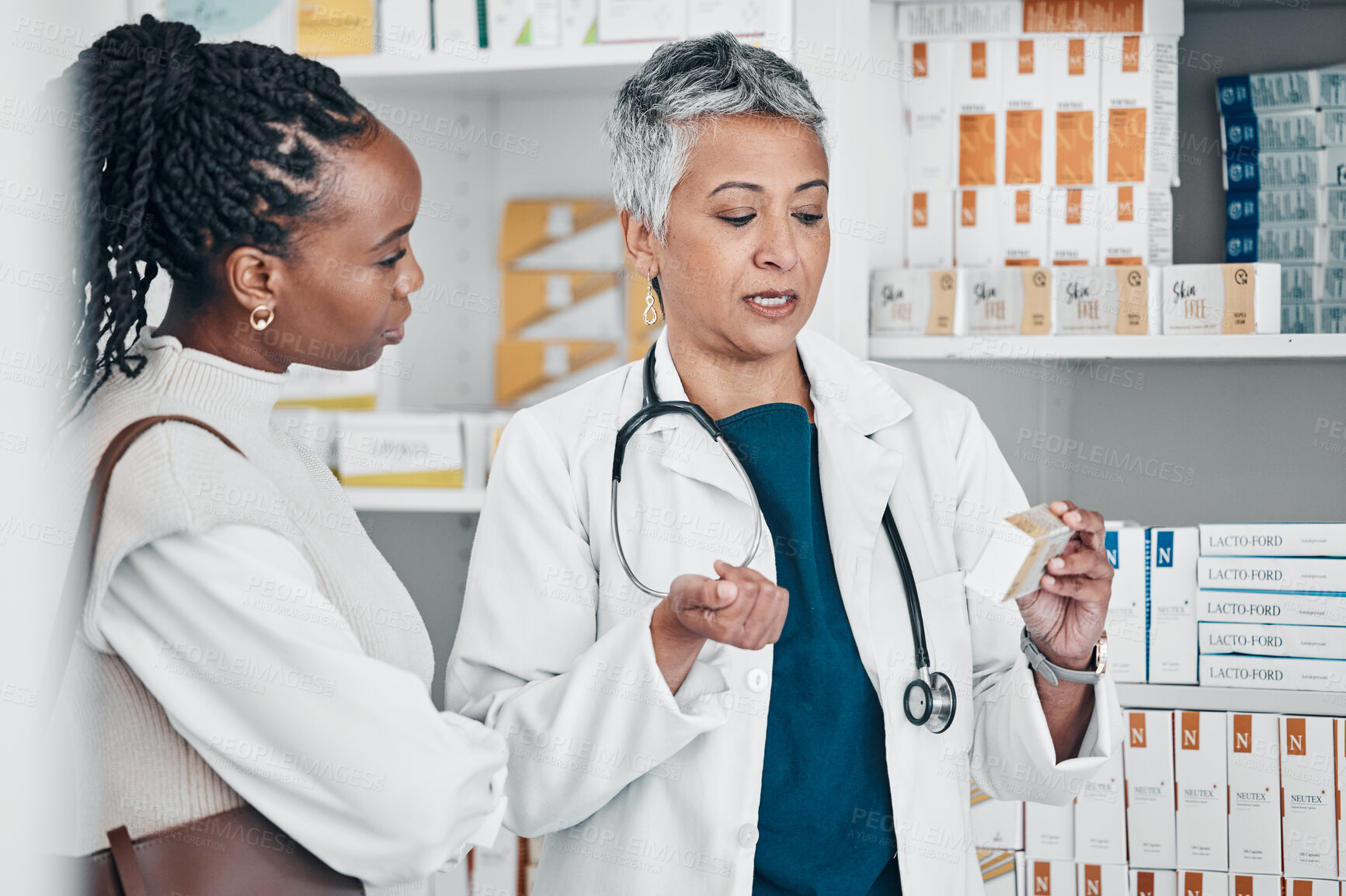 Buy stock photo Pharmacist help, medicine and woman for customer service, product advice or expert opinion in clinic or shop. Pharmaceutical, pharmacy drugs and senior seller or medical worker with healthcare choice