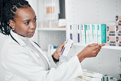 Buy stock photo Pharmacy, pills and medicine with black woman in store for healthcare, wellness or retail. Product, prescription and medical with pharmacist at drugs outlet for shopping, supplements or inventory