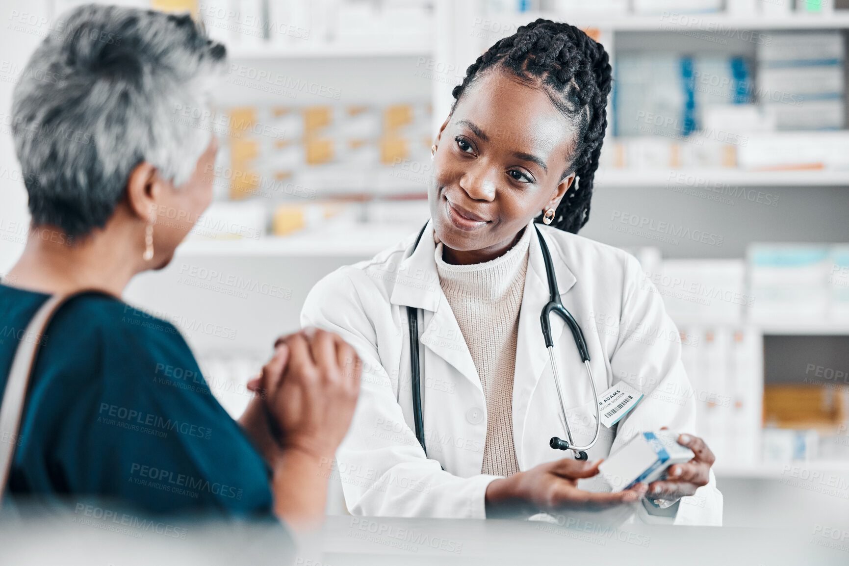 Buy stock photo Help, medicine or old woman consulting with a pharmacist for retail healthcare treatment information. Questions, trust or doctor helping a sick senior person shopping for pills or medical drugs 