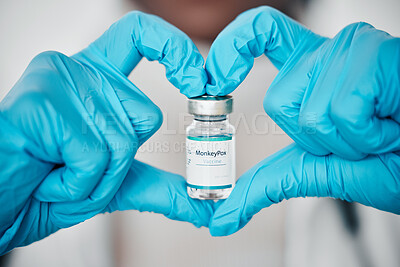 Buy stock photo Monkeypox, virus and vaccine with healthcare and doctor with heart hand sign, health and safety with medicine. Science, innovation and medical, immunization at hospital and person with bottle liquid