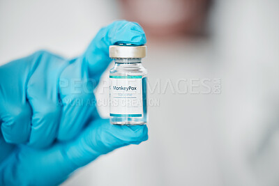 Buy stock photo Healthcare, monkeypox virus and doctor with a vaccine for health, safety and wellness at a hospital. Medication innovation, immunization and medical worker with liquid vaccination at medicare clinic.