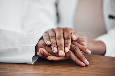 Buy stock photo Doctor, patient and holding hands for help, trust and support for medical problem, depression or cancer. hand of a healthcare person and patient talking about sad results, mental health and empathy