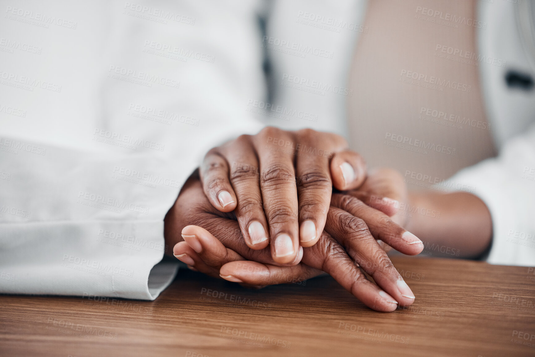 Buy stock photo Doctor, patient and holding hands for help, trust and support for medical problem, depression or cancer. hand of a healthcare person and patient talking about sad results, mental health and empathy