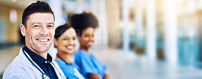 Buy stock photo Healthcare, portrait of doctor and nurse team, confident to help with leadership and motivation in hospital or clinic. Diversity, teamwork and man with women medical workers standing together blurred