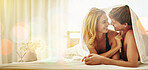 Mockup, couple and romantic people in a bedroom in bright sunrise in the morning on a bed together in a home. House, apartment and lovers kiss, relax and calm bonding for care making eye contact