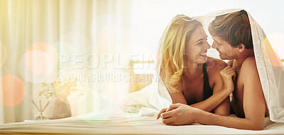 Buy stock photo Mockup, couple and romantic people in a bedroom in bright sunrise in the morning on a bed together in a home. House, apartment and lovers kiss, relax and calm bonding for care making eye contact