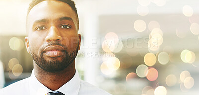 Buy stock photo Portrait, mindset or mockup and a business black man posing with flare or overlay in the office for work. Face, vision and serious with a male employee posing on a lensflare background while working