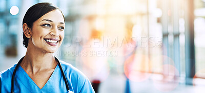 Buy stock photo Woman, happy doctor and thinking on banner, mockup space and bokeh background. Face of healthcare worker with smile, motivation and thinking of medical innovation, future medicine or positive mindset