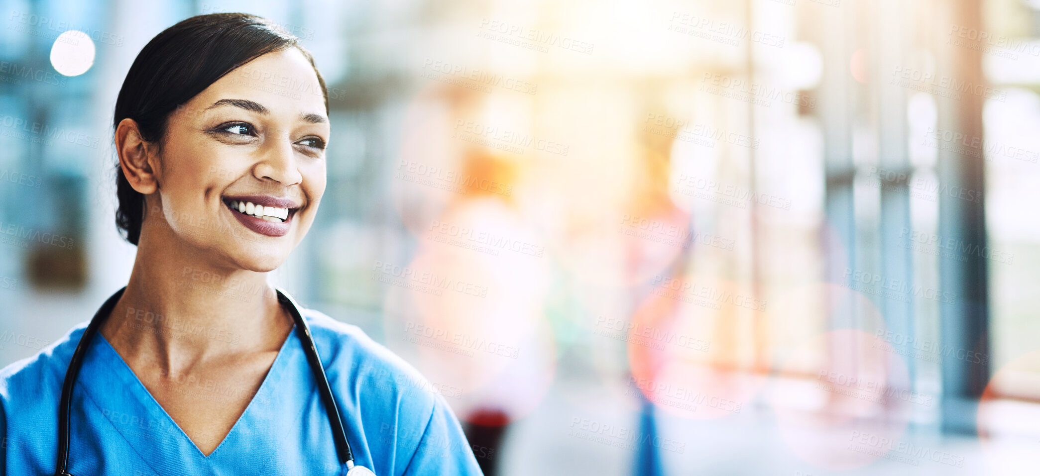 Buy stock photo Woman, happy doctor and thinking on banner, mockup space and bokeh background. Face of healthcare worker with smile, motivation and thinking of medical innovation, future medicine or positive mindset